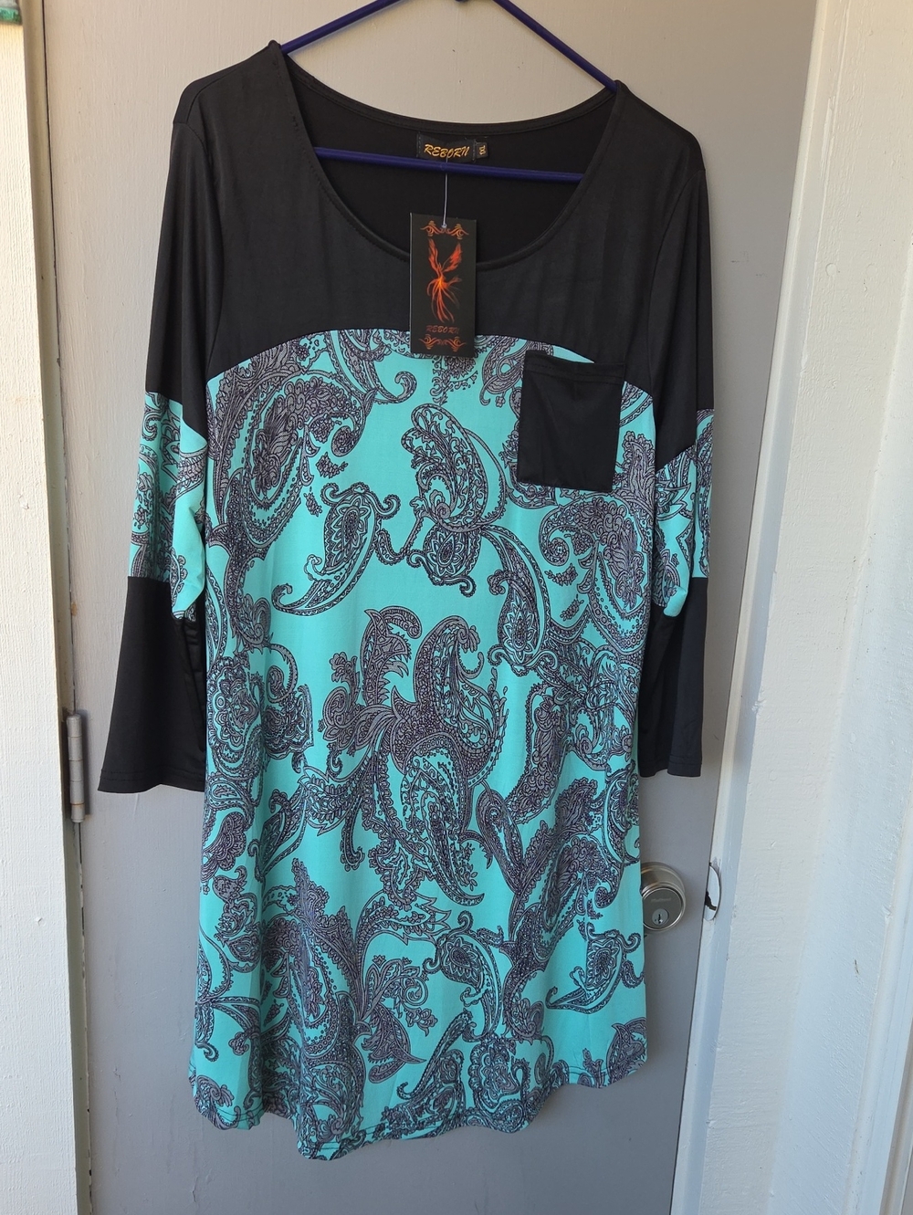 Reborn Black and Aqua Paisley Tunic with Pocket